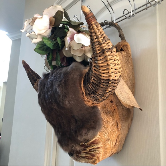 Folk Art Hanging BULL BASKET/PLANTER Made From Wood Wicker Bark Fiber Feathers & - Picture 2 of 16